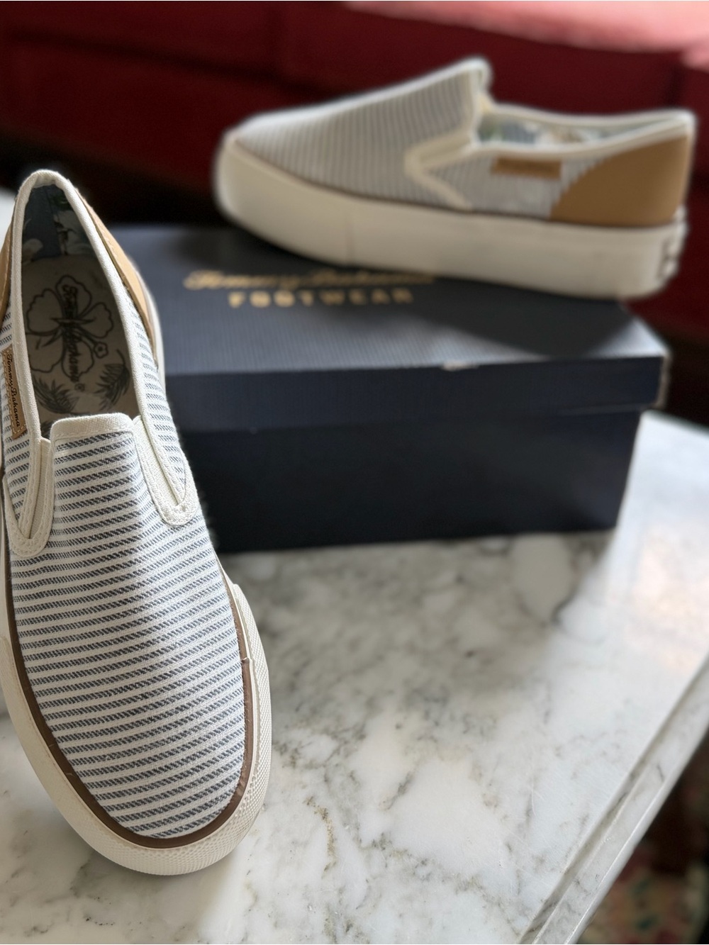 Tommy Bahama Women's Slip-On Canvas Sneakers in Blue/White stripe & Tan - size 8